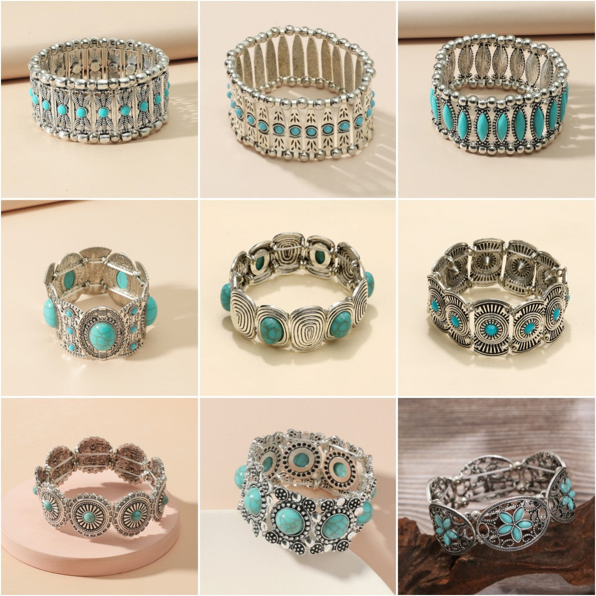 Wholesale Ethnic Style Retro Alloy Turquoise Elastic Bracelet Bohemian Bracelet ACC-BT-JunJie004
