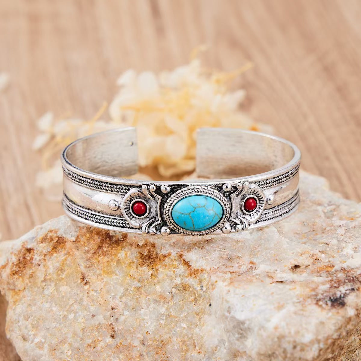 Wholesale Vintage Inlaid Turquoise Adjustable Opening Bracelet Gift Boutique Resale