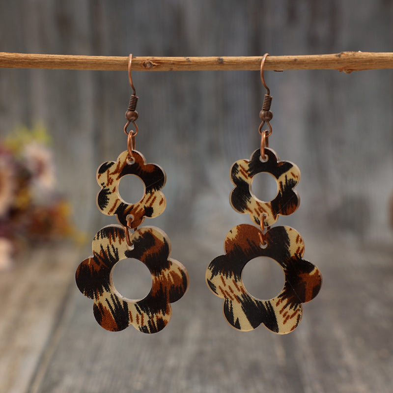 Wholesale Bohemian cut-out size flower leopard print flower earrings