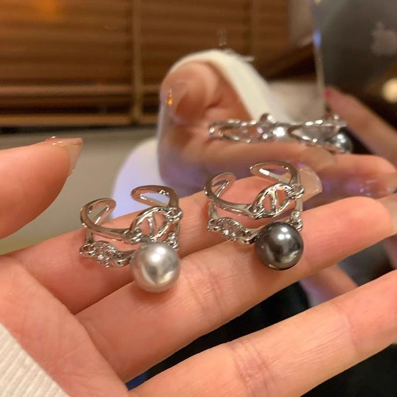 Wholesale Stylish Women S Gray Pearl Ring Geometric Adjustable Jewelry Accessory Gift