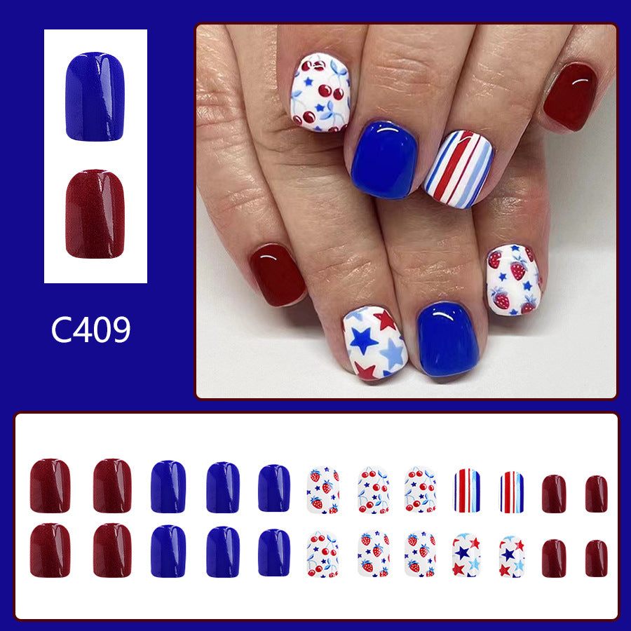 Wholesale 24 Pieces/box American Independence Day Short Red and Blue Color Cherry Manicure Press-on Nails Kits Nail Stickers ACC-NS-GuaiXL038