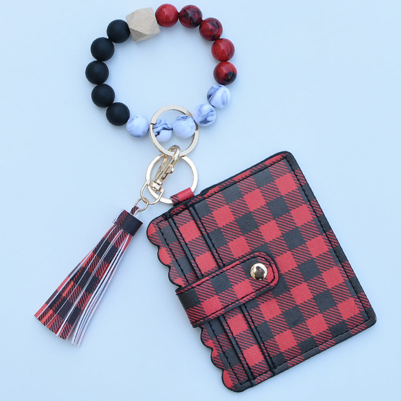 Wholesale Leopard Plaid Western Style Card Holder Silicone Beaded Wristlet Keychain ACC-KC-QiuXue011