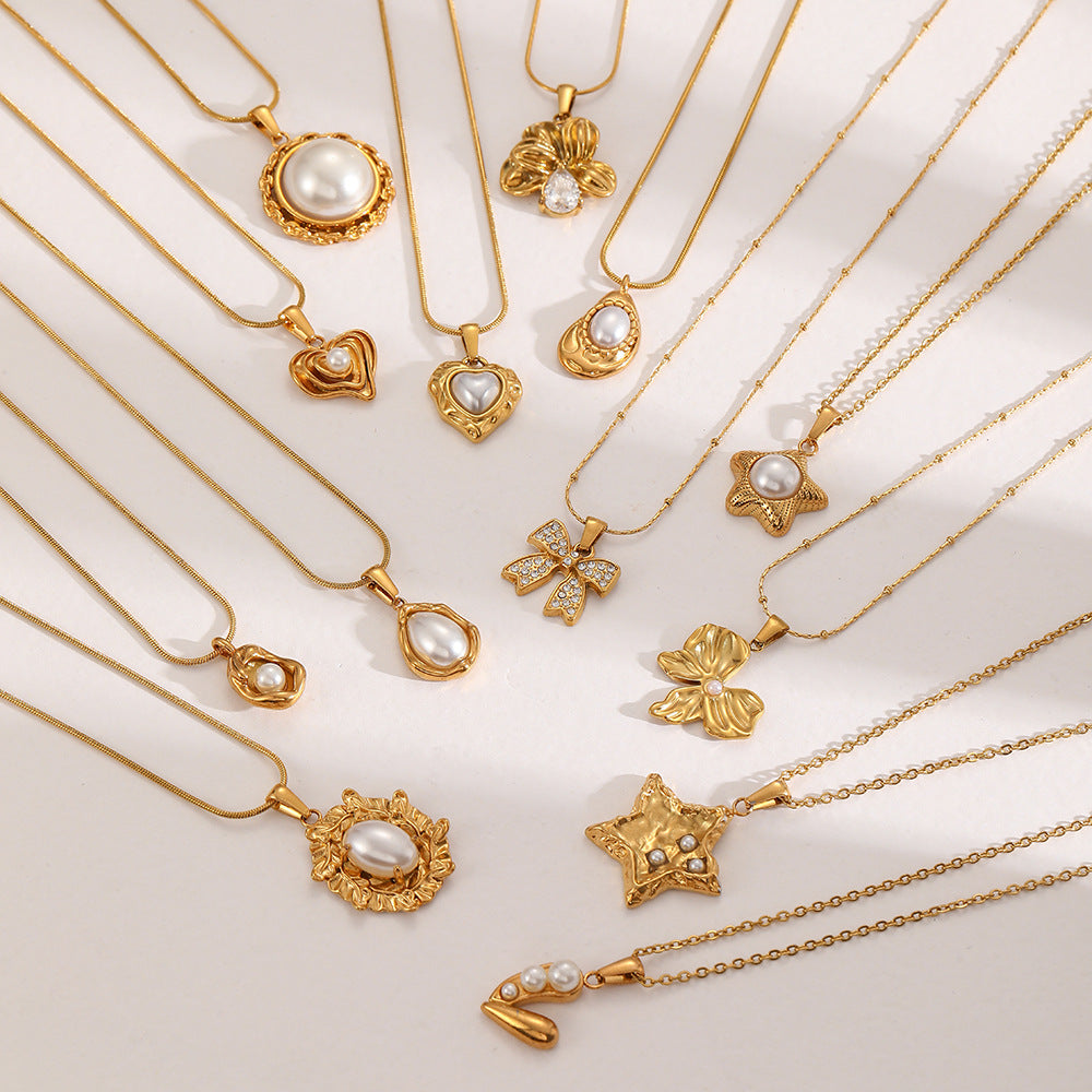 Wholesale Stainless steel 18k gold 40 5 necklace imitation pearl pendant necklace five-pointed star bow love chain gift