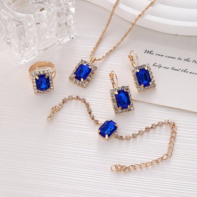 Wholesale Geometric Square Diamond Necklace Ring Bracelet Earring Sets ACC-NE-ChaoKai015
