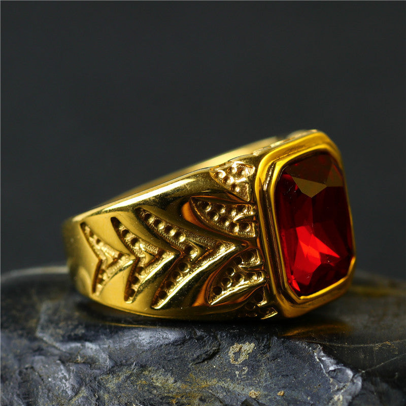 Wholesale Chic Red Rhinestone Gold Ring Men' s Minimalist Fashion Accessory Gift Idea