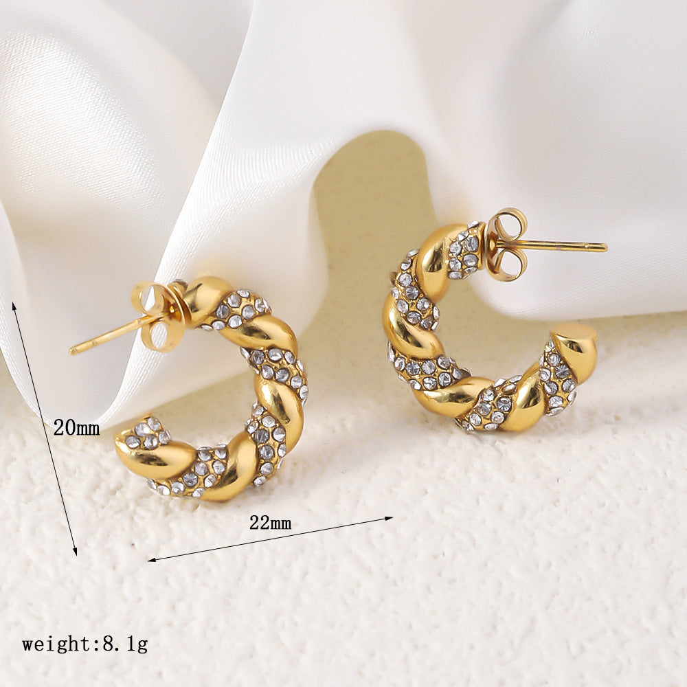 Wholesale Titanium Steel earrings 18K gold diamond twist C- shaped  earrings