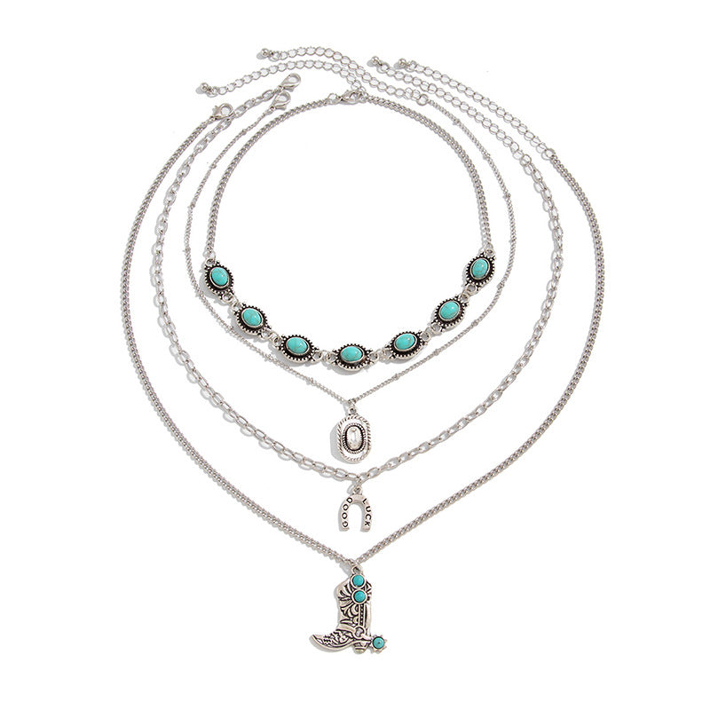 Wholesale 4-piece turquoise cowboy hat boots necklace