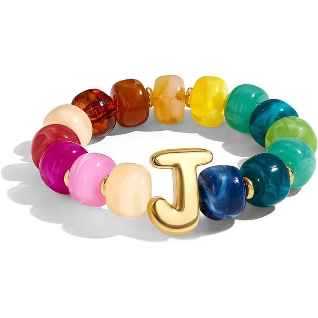 Wholesale 2026 Amazon Cross-Border Colorful Beaded 26 Letter Bracelet for Women,  Resin,  Fashionable and Unique,  High Elasticity Bracelet