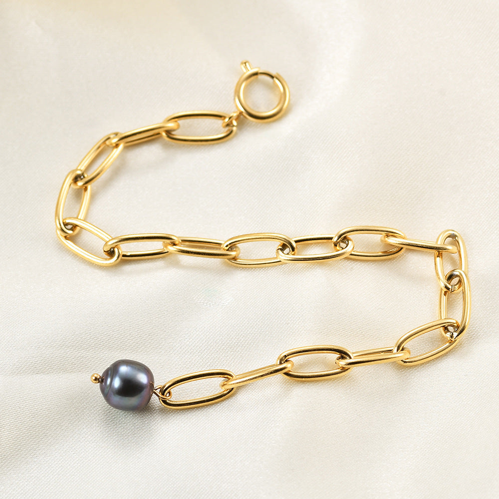 Wholesale titanium steel retro punk simple black pearl cross bracelet