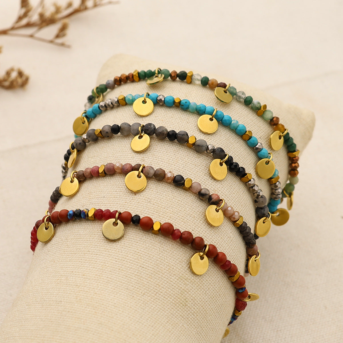 Wholesale Handmade Beaded Small Disc 18K Gold Plated Stainless Steel Bracelet ACC-BT-Yachan003