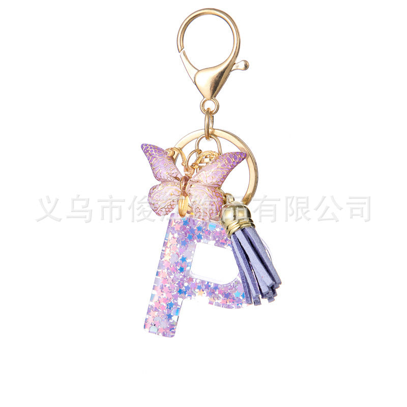 Wholesale Purple Star Tassel Resin Keychain 26 English Letters Bag Charm For Women Students Fashion Decorative Accessory
