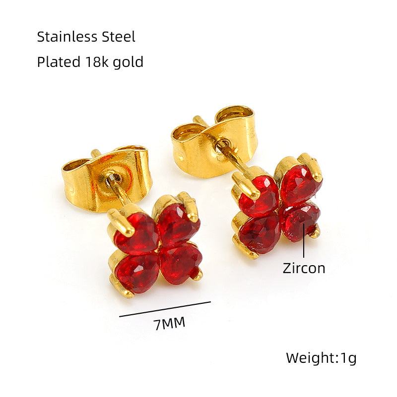 Wholesale Stainless Steel Plated Earrings for Women 18K Gold Inlaid Zircon Four-leaf Clover Earrings ACC-ES-ZhongXin005