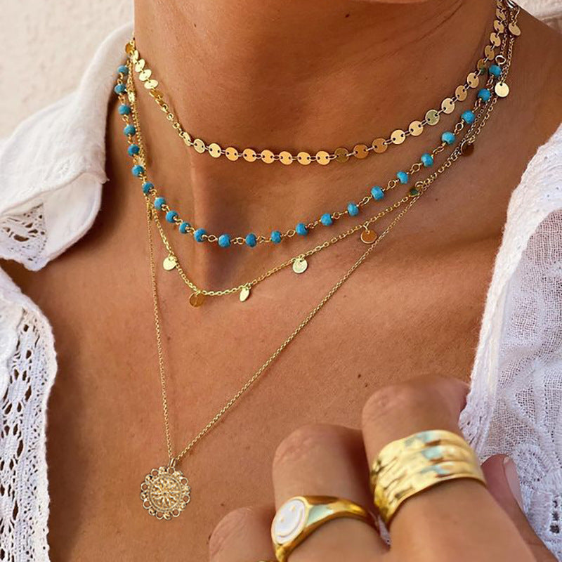 Wholesale Electroplated Alloy Turquoise Retro Bohemian Choker Necklace Metal Flower Disc Pendant Layering Jewelry For Women Gift