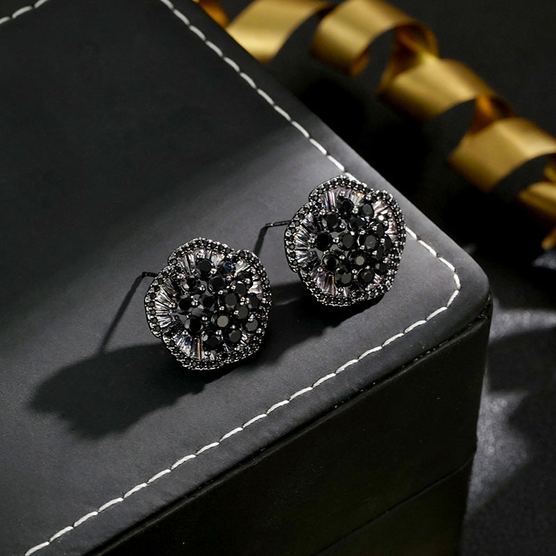 Wholesale Micro-paved Mystical Flower Black Zircon Earrings