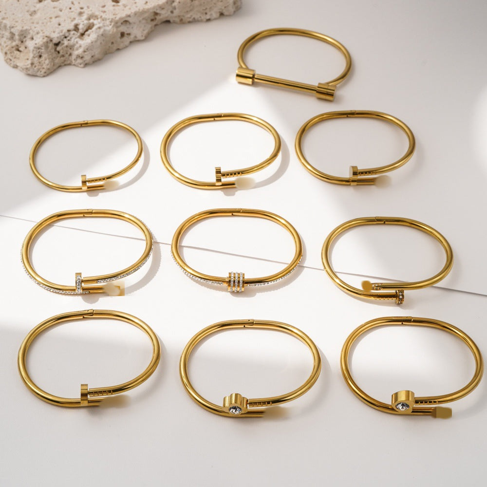 Wholesale 18K Gold Plated Stainless Steel d Nail Bangle Bracelet For Women Stylish Open Cuff Everyday Fashion Accessory Gift