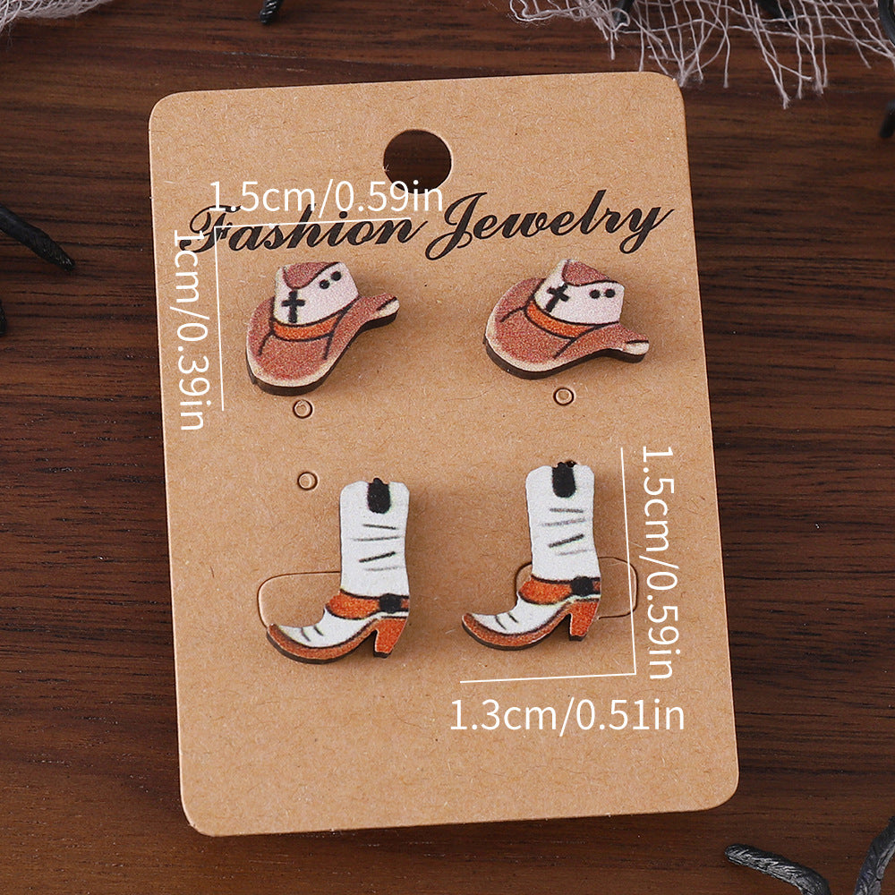 Wholesale Western Style Cowboy Hat Boots Wood Earrings Set ACC-ES-ChuLian038