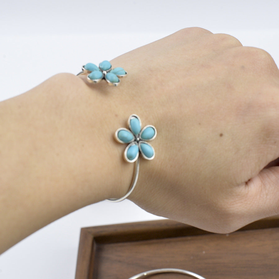 Wholesale Bohemian Open Bracelet Flower Inlaid Turquoise Boutique Resale Jewelry Accessory