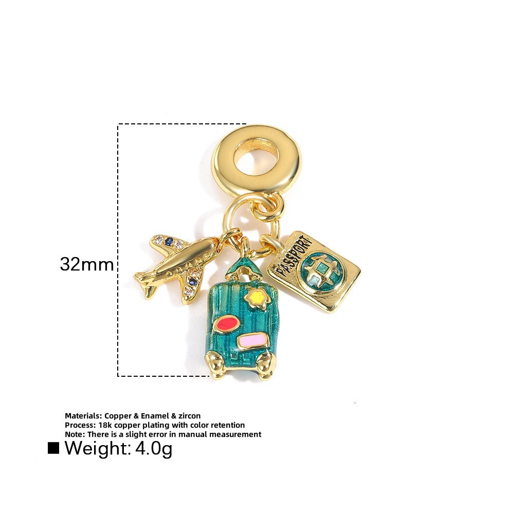 Wholesale Copper oil drop grape cola suitcase camera earphone three-piece pendant set