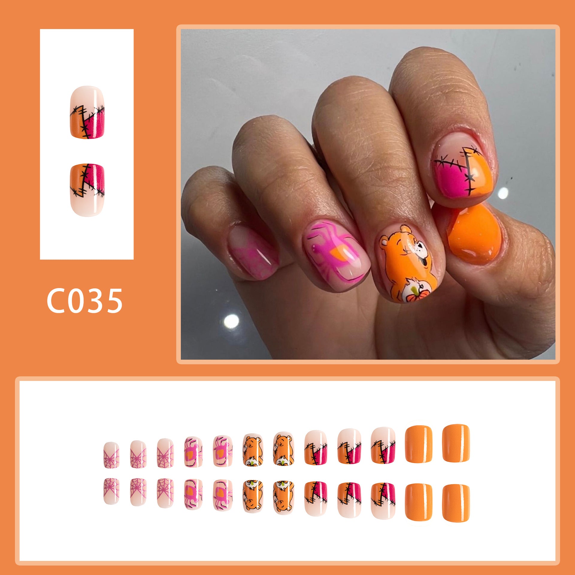 Wholesale 24 Pieces/box Short Shiny Cute Bear Press-on Nails Kits Nail Stickers ACC-NS-GuaiXL098