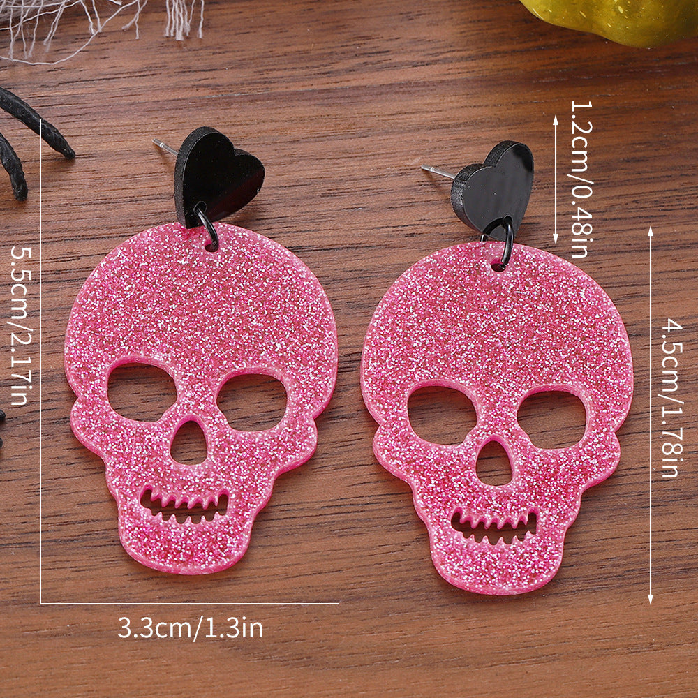 Wholesale Halloween Pink Skull Sequins Acrylic Hollow Pendant Earrings