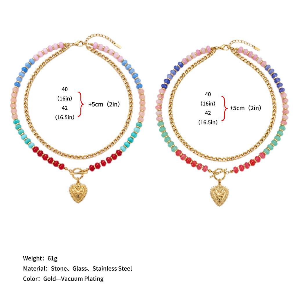 Wholesale Rainbow Layered Beaded Necklace Heart Pendant Natural Stone Titanium Steel Chain For Women Boutique Resale