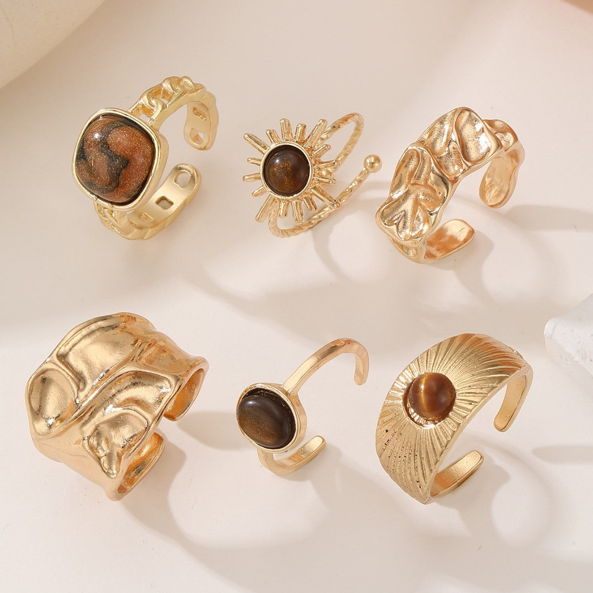 Wholesale Vintage Adjustable Natural Stone Ring Set 6 Piece Gold Tone Alloy Geometric Jewelry Accessory For Women