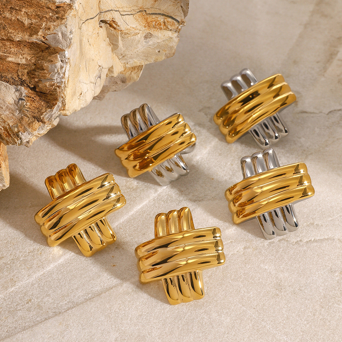 Wholesale 18K gold stainless steel gold and silver color matching rib X earrings