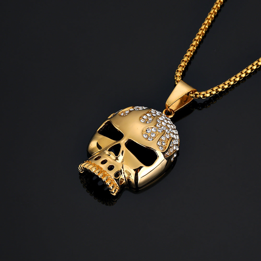 Wholesale street style fire shadow skull titanium steel gold plated necklaces