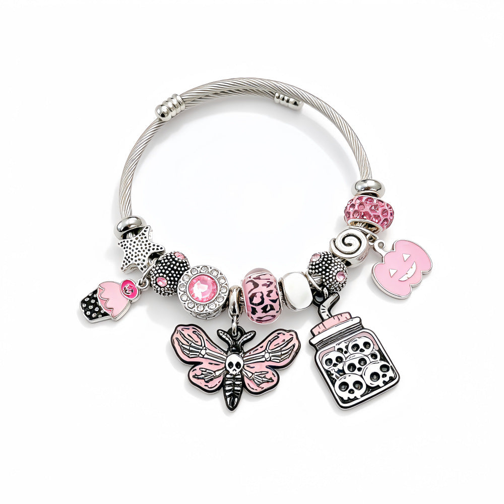 Wholesale Stainless Steel Electroplated Skull Butterfly Pendant Bracelet Retro Vinyl Record Grim Reaper Black Cat Women S Everyday Wear