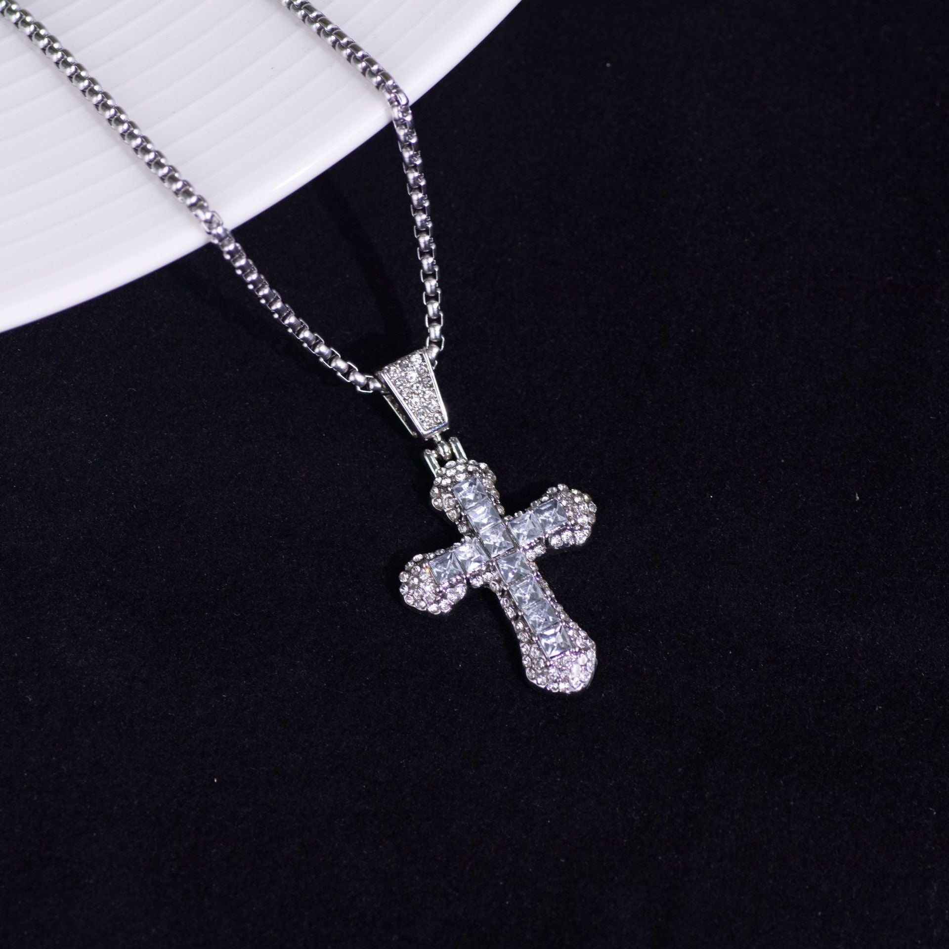 Wholesale Titanium Steel Hip Hop Cross Pendant Necklace Zircon Studded Sweater Chain For Everyday Wear