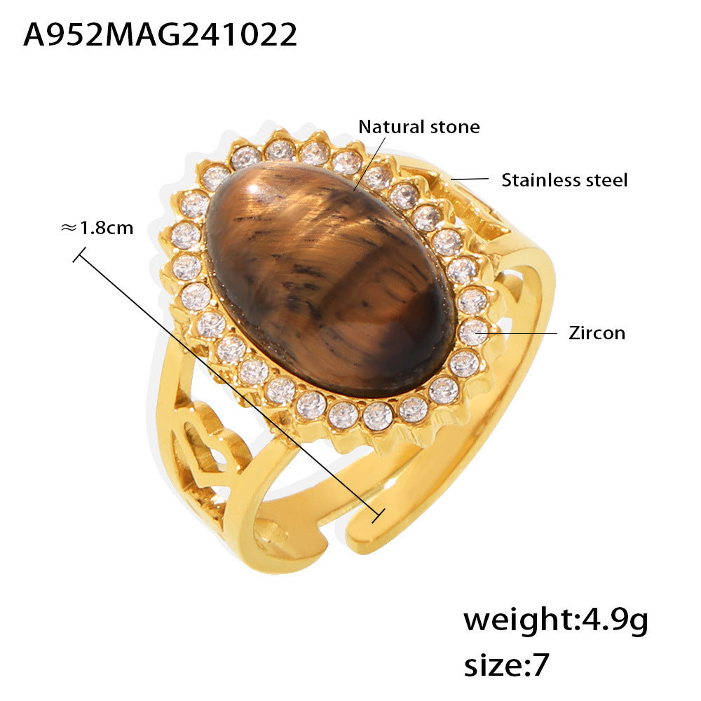 Wholesale Stainless steel Wave zircon oval natural stone open ring