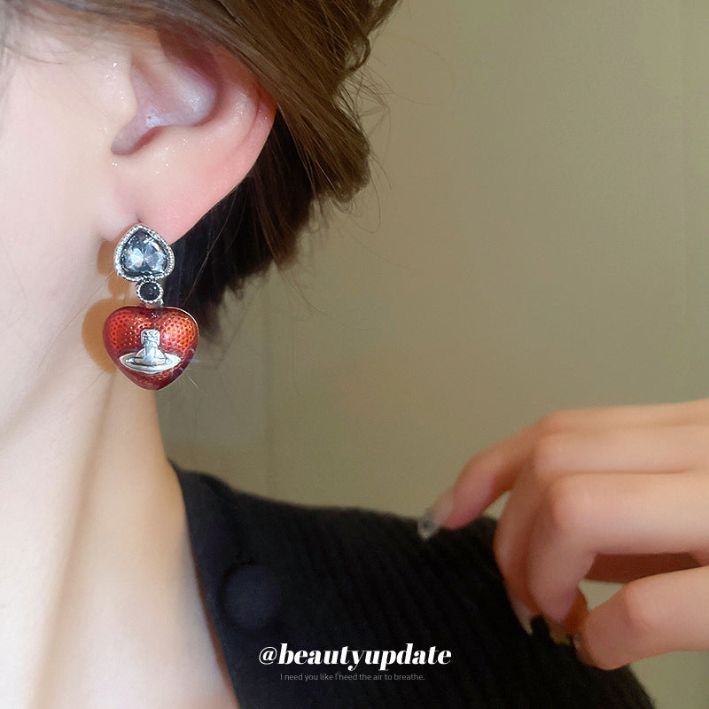 Wholesale Silver Needle Diamond Dropping Oil Love Planet Earrings