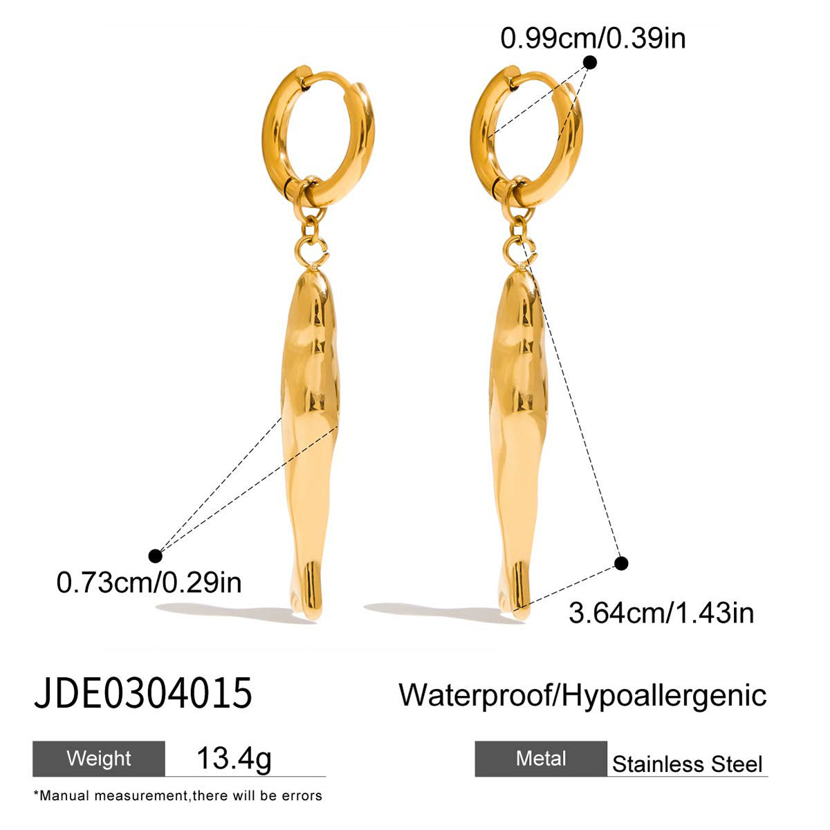 Wholesale 18k gold stainless steel hammered fish large earrings