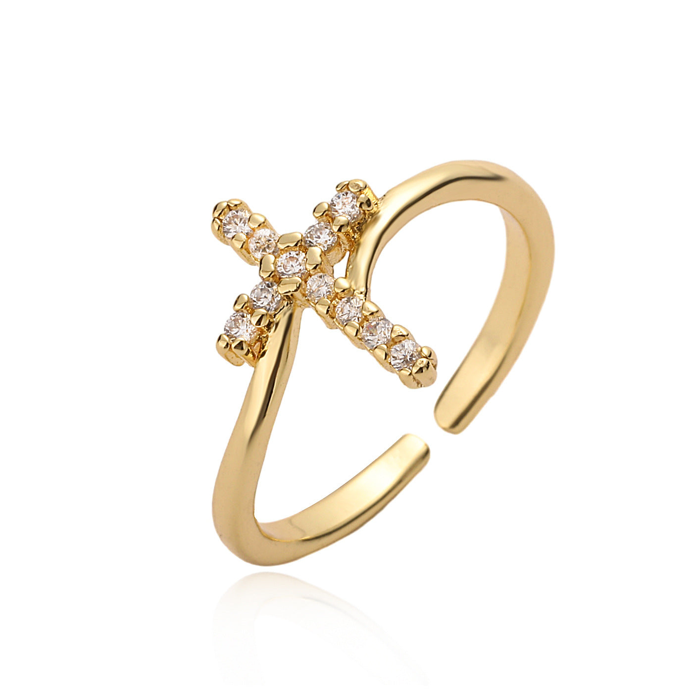 Wholesale Trendy Geometric Cross Zircon Gold Plated Open Ring For Women Adjustable Jewelry Accessory Gift