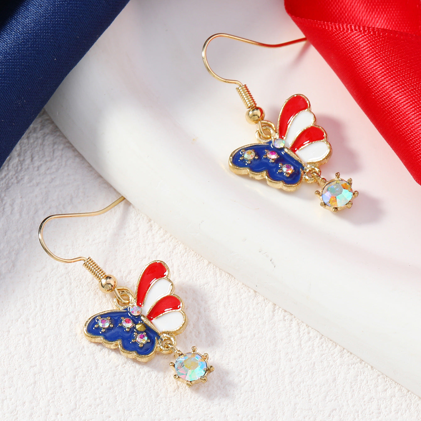 Wholesale American Independence Day Alloy Oil Drop Diamond Butterfly Earrings ACC-ES-MT004