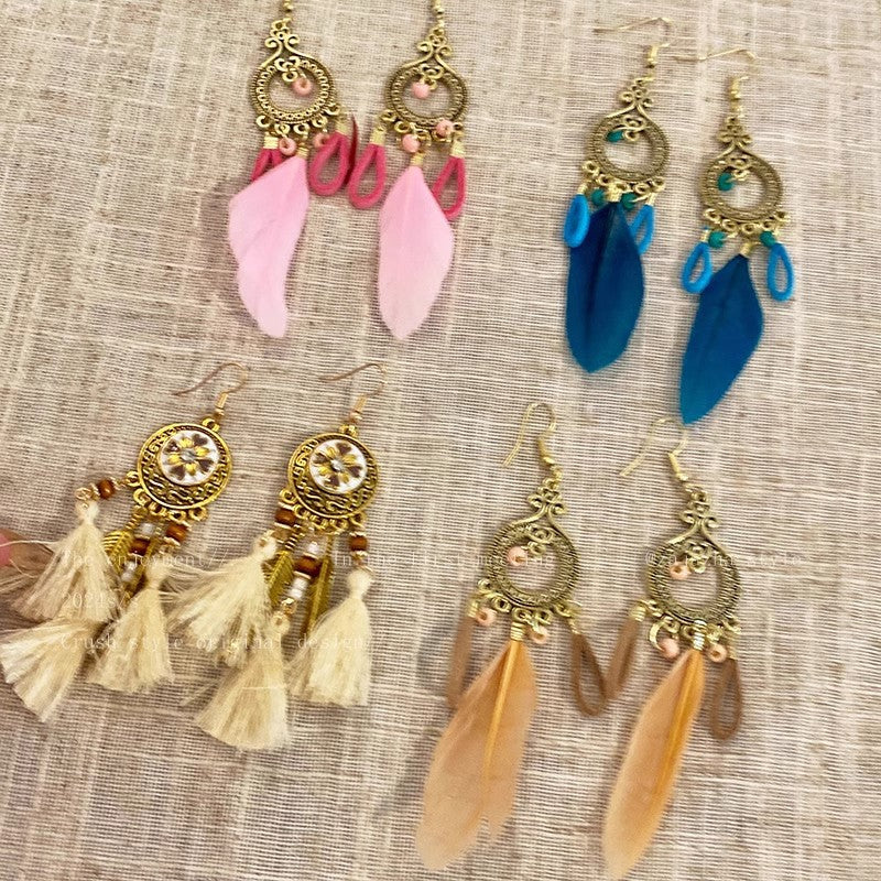 Wholesale Alloy Blue Feather Earrings,  Bohemian Tassel Jewelry Accessory for Beach Vacation
