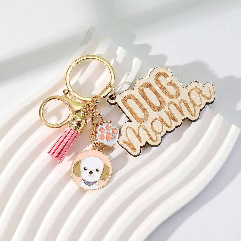 Wholesale Colorful DOG MAMA Tassel Wood Keychain Mother's Day ACC-KC-HuiWen012