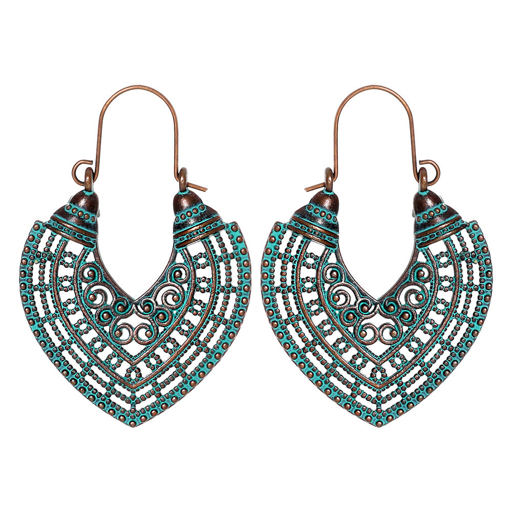 Wholesale Retro Bohemian Turquoise Heart Hollow Leaves Alloy Earrings for Party Wear Boutique Resale Jewelry