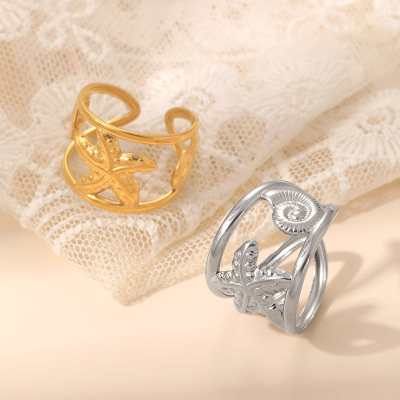 Wholesale Polished Stainless Steel Open Starfish Shell Ring Ocean Style Women S Fashion Jewelry