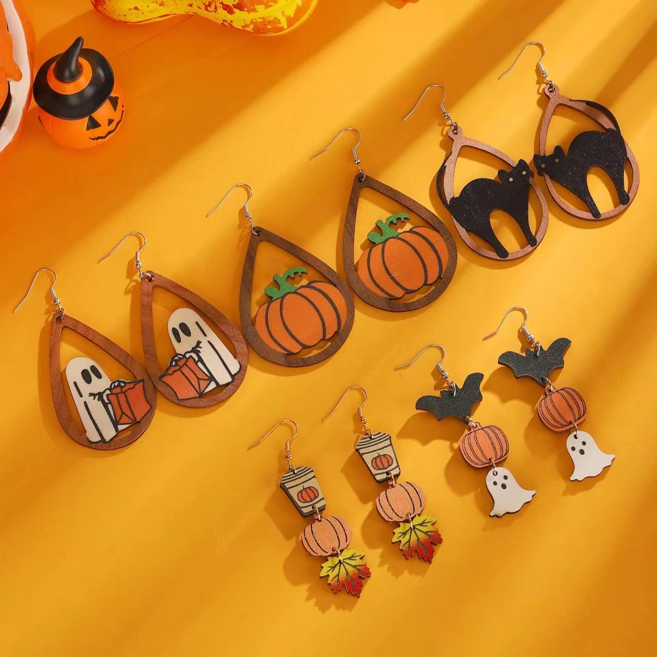 Wholesale Gothic  Wood Drop Earrings Pumpkin Skull Black Cat Ghost Trio Fashion Accessory Gift