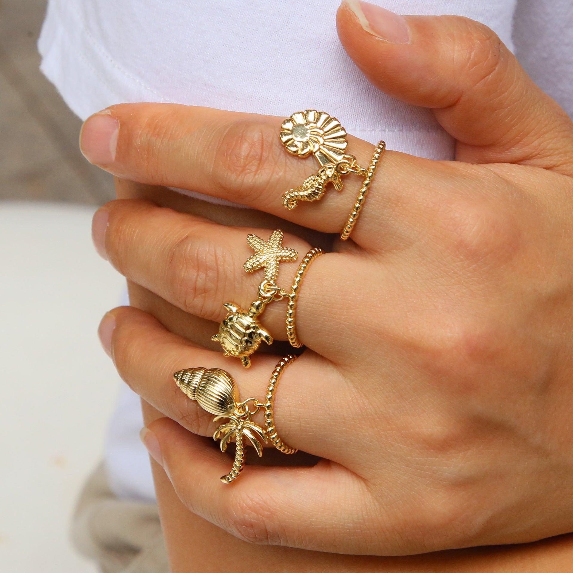 Wholesale  Brass  Beach Series Bohemian Starfish Conch Turtle Coconut Tree Opening Ring