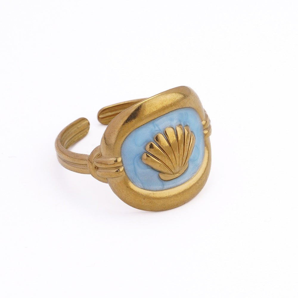 Wholesale Shell Flower Oil Drop Blue Ring Stainless Steel Women S Fashion Jewelry Accessory