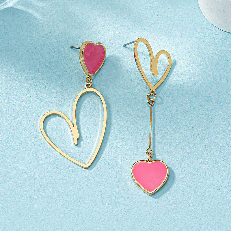 Wholesale Trendy Asymmetric Pink Heart Drop Earrings Alloy Electroplated Jewelry Accessory