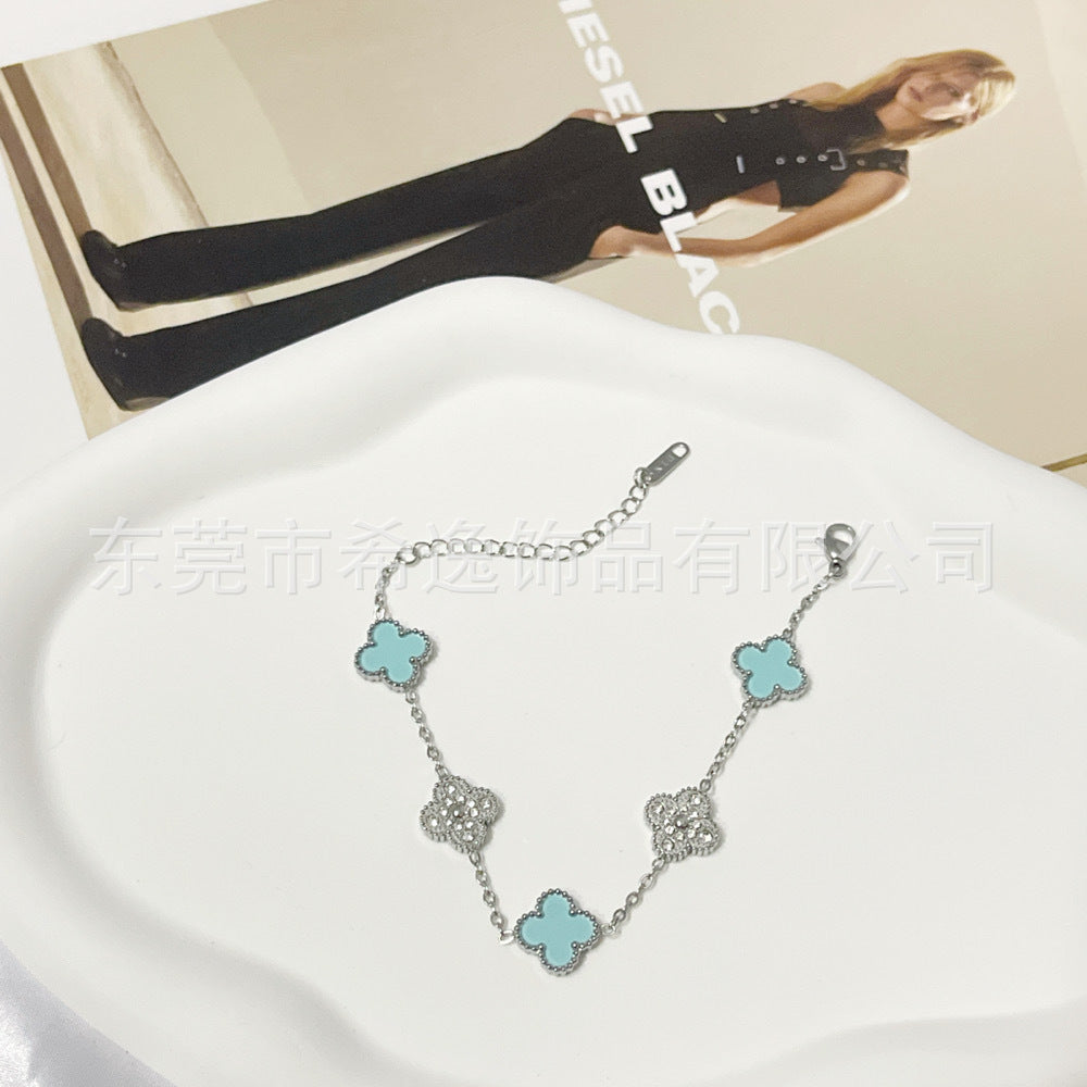 Wholesale Trendy Four-Leaf Clover Rhinestone Bracelet Titanium Steel Jewelry for Office Ladies Everyday Wear Gift
