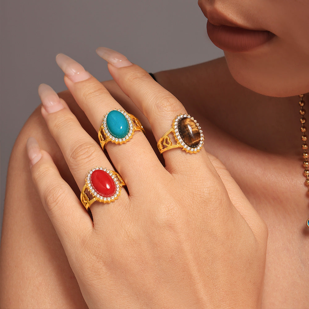 Wholesale Stainless steel Wave zircon oval natural stone open ring