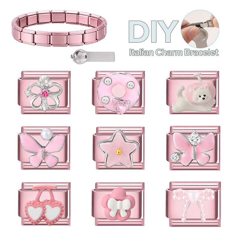 Wholesale 9mm Italian Charm Starter Bracelets pink series  DIY  Single Section Creative Stainless Steel Composable Bracelet
