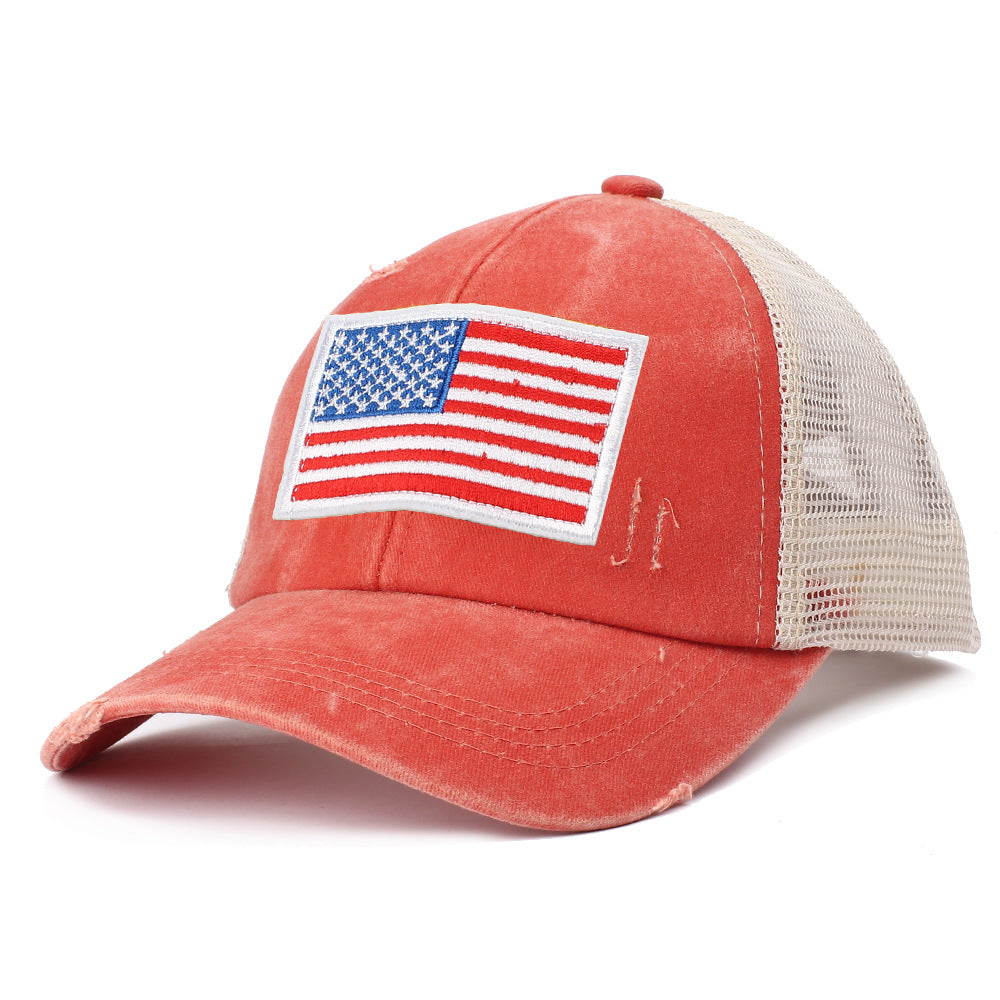 Wholesale Washed Ripped Mesh Cap Independence Day American Flag Embroidered Baseball Cap