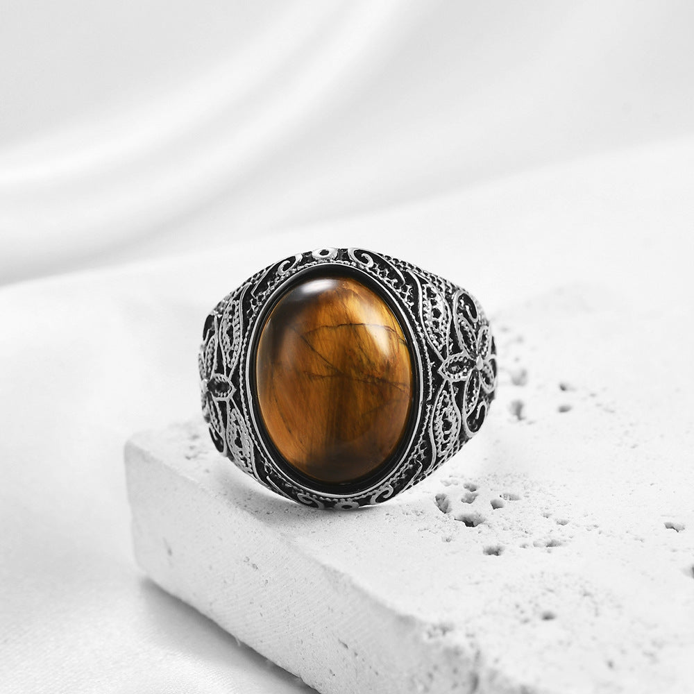 Wholesale titanium steel  retro artificial cat's eye stone  ring