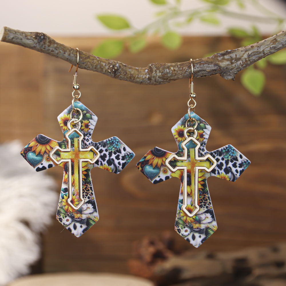 Wholesale double-layer cross leather Gothic style earrings,