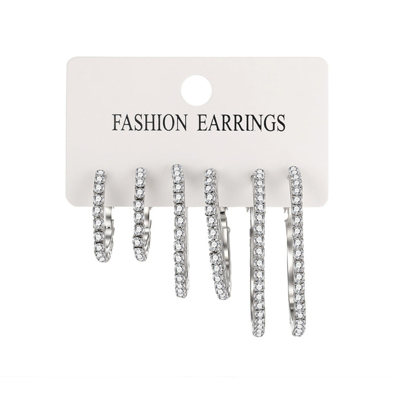 Wholesale retro flash full diamond large medium and small hoop earrings set